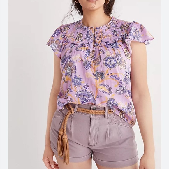 Anthropologie Tops - Anthropologie Purple Lavender Floral Ruffled Smocked Blouse size large